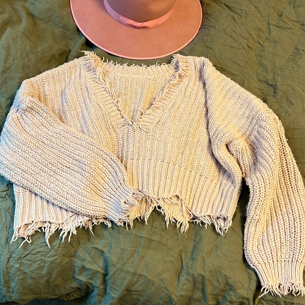 WILDFOX - crop pink fringe sweater size L